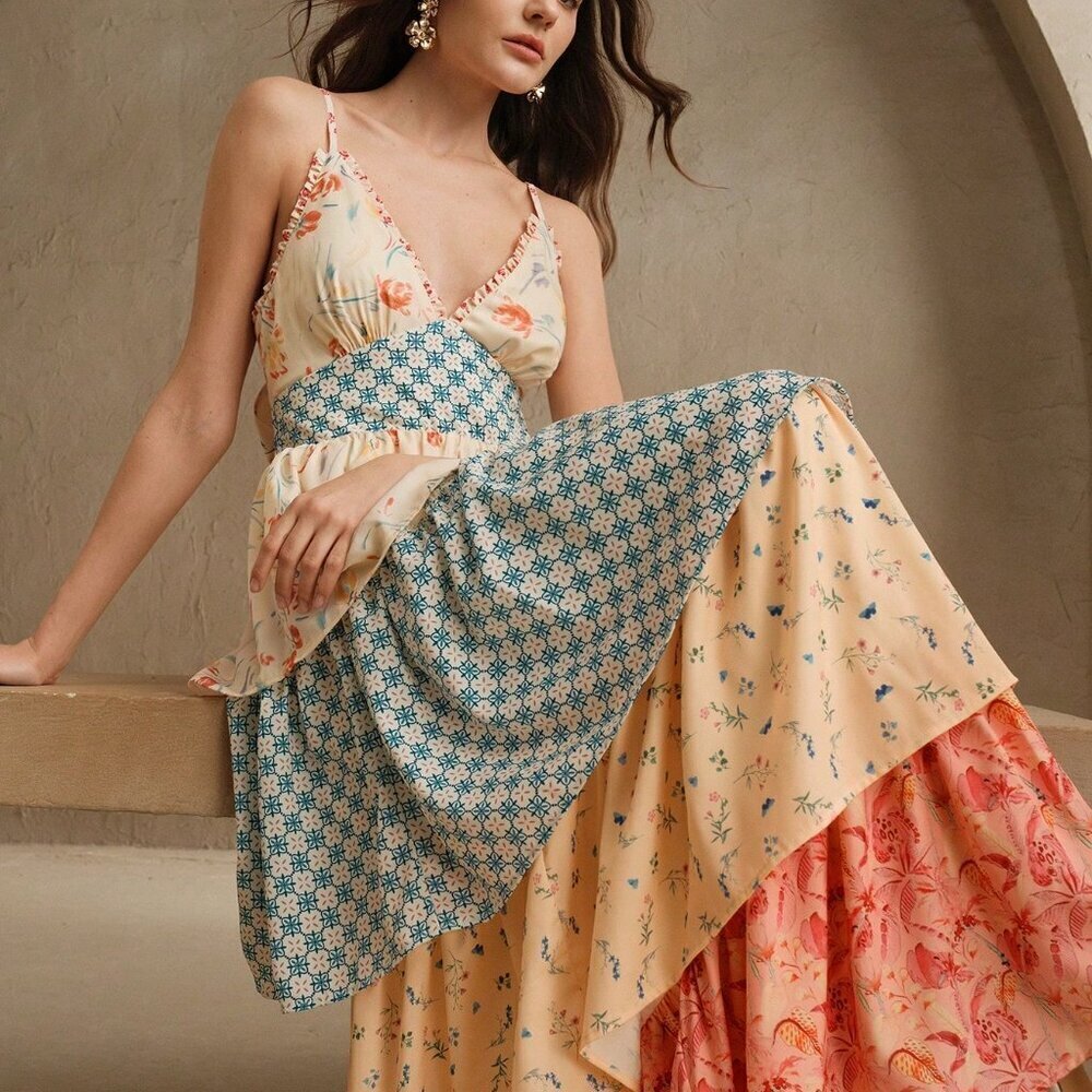 Apricot Boho Women's Floral Print Patchwork Style Long Dress - Picture 5 of 7